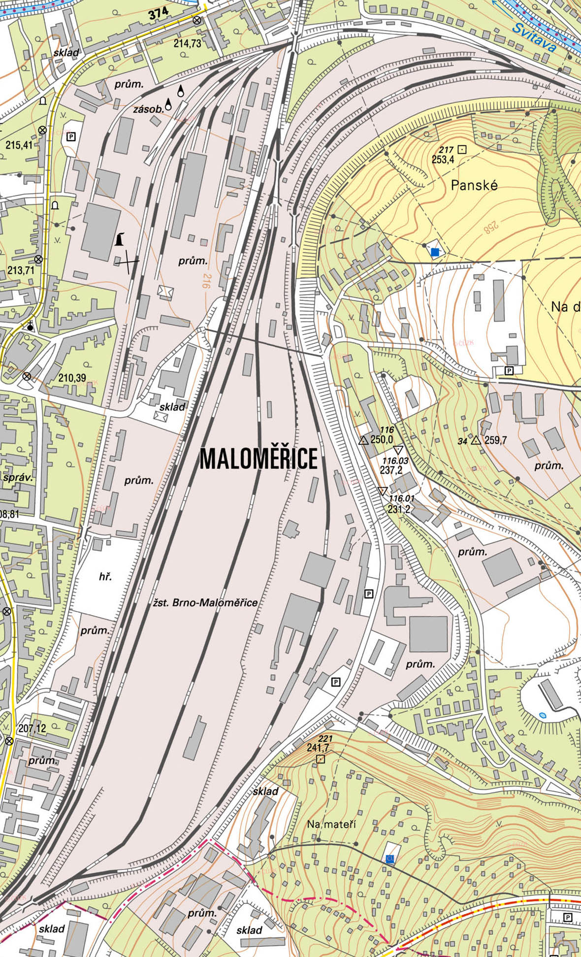 Prostor železniční stanice Brno-Maloměřice na katastrální mapě z roku 2017. Prostor železniční stanice Brno-Maloměřice na katastrální mapě z roku 2017.