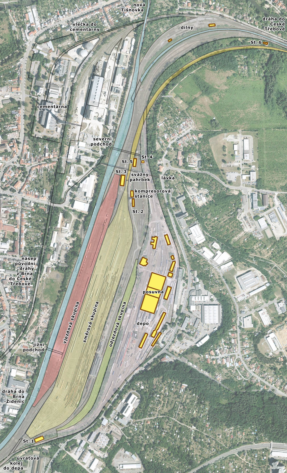 Stanice Brno-Maloměřice se zakreslením průchozích kolejí železničních tratí (modrá), vjezdové skupiny (červená), směrové skupiny (žlutá) a odjezdové skupiny (zelená) seřadiště, výtažných kolejí svážného pahrbku (oranžová), oblasti depa (fialová) a ostatních kolejí (šedá). V plánku je zakresleno 6 stavědel stanice a další význačné budovy. Stanice Brno-Maloměřice se zakreslením průchozích kolejí železničních tratí (modrá), vjezdové skupiny (červená), směrové skupiny (žlutá) a odjezdové skupiny (zelená) seřadiště, výtažných kolejí svážného pahrbku (oranžová), oblasti depa (fialová) a ostatních kolejí (šedá). V plánku je zakresleno 6 stavědel stanice a další význačné budovy.