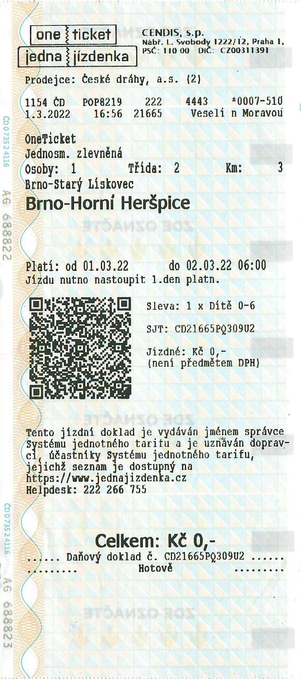 Jedna jízdenka vydaná ze zastávky Brno-Starý Lískovec do stanice Brno-Horní Heršpice. Jedna jízdenka vydaná ze zastávky Brno-Starý Lískovec do stanice Brno-Horní Heršpice.