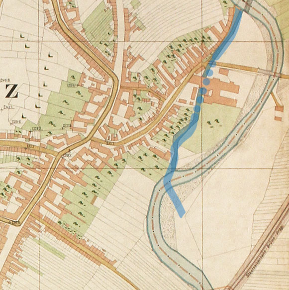 V roce 1906 se náhon nacházel těsně u hranice Brna, kterou tvořila řeka Svitava. Ta ovšem nebyla v Husovicích ještě zregulovaná a náhon tak byl o několik desítek metrů kratší. To je jedním z vysvětlení, proč domy na Kaloudově ulici nedosahují až k řece. V roce 1906 se náhon nacházel těsně u hranice Brna, kterou tvořila řeka Svitava. Ta ovšem nebyla v Husovicích ještě zregulovaná a náhon tak byl o několik desítek metrů kratší. To je jedním z vysvětlení, proč domy na Kaloudově ulici nedosahují až k řece.