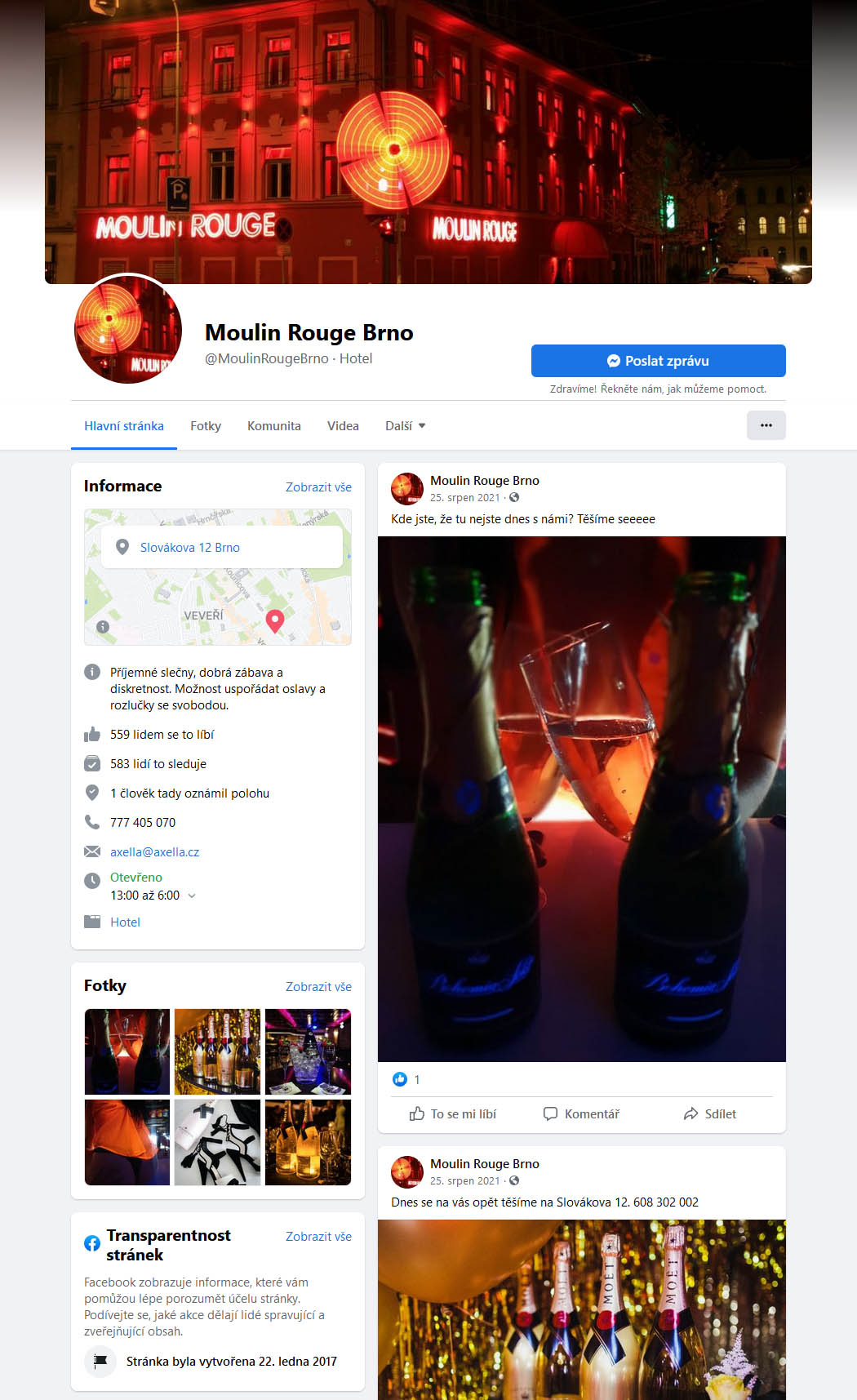 Facebooková stránka s posledním příspěvkem z 25. srpna 2021 působí výmluvným dojmem. Kde jste, že tu nejste s námi? Popularita podniku upadla zejména po rozšíření soukromých erotických služeb nabízených na internetu. Symbol divokého podnikání brněnských 90. let nenávratně skončil. Facebooková stránka s posledním příspěvkem z 25. srpna 2021 působí výmluvným dojmem. Kde jste, že tu nejste s námi? Popularita podniku upadla zejména po rozšíření soukromých erotických služeb nabízených na internetu. Symbol divokého podnikání brněnských 90. let nenávratně skončil.