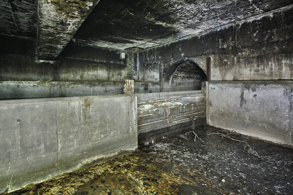 Dřevěnými dlužemi zahrazené koryto kmenové stoky B. Hrazení lehce prosakuje a špinavá voda se tak mísí s čistou říční vodou, která sem čas od času nateče při vyšším průtoku Svratky. Dřevěnými dlužemi zahrazené koryto kmenové stoky B. Hrazení lehce prosakuje a špinavá voda se tak mísí s čistou říční vodou, která sem čas od času nateče při vyšším průtoku Svratky.