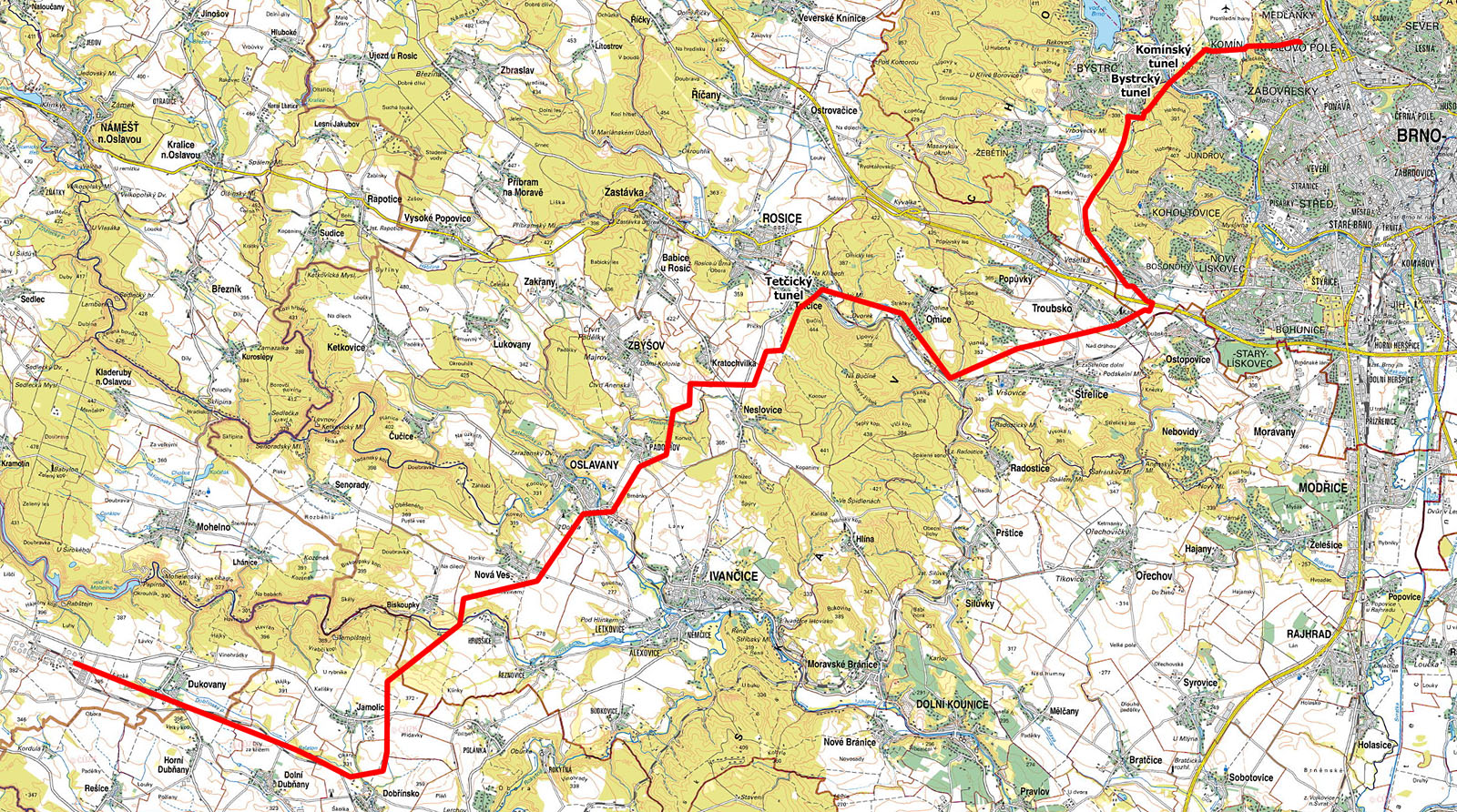 Hrubá mapka trasy horkovodu složená z územních plánů dotčených obcí a materiálů převzatých z původního projektu vypracovaného společností Energoprojekt Praha v říjnu 1988. Za dálnicí v Bosonohách se horkovod měl připojit do městské sítě zásobování teplem, která není pro svoji složitost v mapce vyznačena. Navazující trasa z Bosonoh do Králova Pole přes Bystrcký a Komínský tunel měla být rozšířením městské sítě. Hrubá mapka trasy horkovodu složená z územních plánů dotčených obcí a materiálů převzatých z původního projektu vypracovaného společností Energoprojekt Praha v říjnu 1988. Za dálnicí v Bosonohách se horkovod měl připojit do městské sítě zásobování teplem, která není pro svoji složitost v mapce vyznačena. Navazující trasa z Bosonoh do Králova Pole přes Bystrcký a Komínský tunel měla být rozšířením městské sítě.