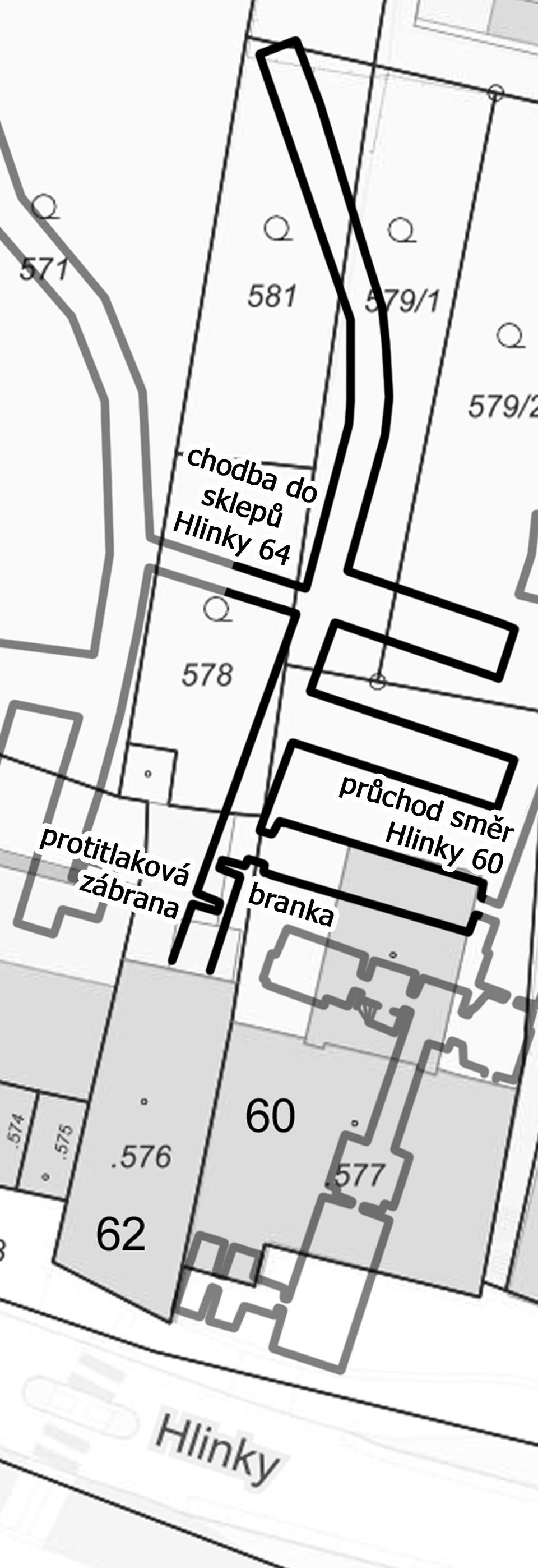 Mapka sklepů za domem č. 62 včetně obou chodeb spojujících je se sklepy sousedních domů. Mapka sklepů za domem č. 62 včetně obou chodeb spojujících je se sklepy sousedních domů.