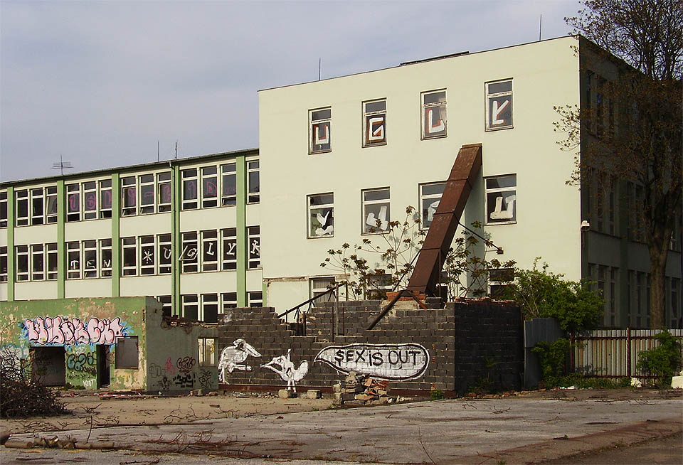 Nejmodernější čtyřpodlažní budova textilky byla v dobrém stavu a její demolici se dalo předejít. V popředí trosky provozních budov, které přežily demolici většiny továrny o víc než desetiletí a postupně obrostly náletovým lesem. Nejmodernější čtyřpodlažní budova textilky byla v dobrém stavu a její demolici se dalo předejít. V popředí trosky provozních budov, které přežily demolici většiny továrny o víc než desetiletí a postupně obrostly náletovým lesem.