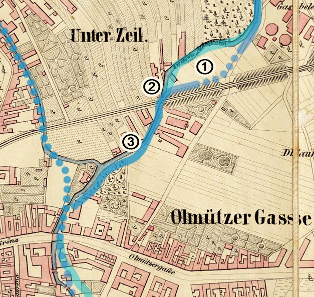 V roce 1858 ještě většina dnešních ulic a továren neexistovala a Svitavský náhon protékal mezi zahradami v zadních traktech brněnských textilek v otevřeném korytě. Jeho tok křížila pouze dráha a v oblasti tunelu ① protékal „Zwitawa Mühlgraben“ poněkud severněji než dnes. V roce 1858 ještě většina dnešních ulic a továren neexistovala a Svitavský náhon protékal mezi zahradami v zadních traktech brněnských textilek v otevřeném korytě. Jeho tok křížila pouze dráha a v oblasti tunelu ① protékal „Zwitawa Mühlgraben“ poněkud severněji než dnes.