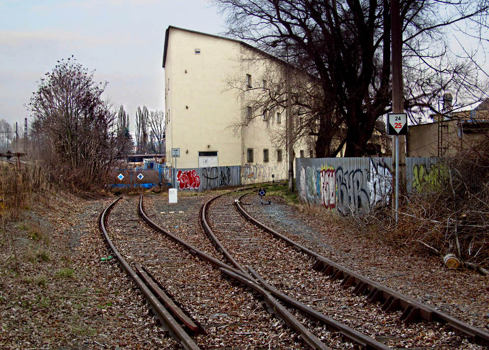 Kolej vedoucí za výhybkou č. 8 přímo se rozvětvuje ve dvě další koleje za branou. Kolejiště zde již pohlcuje les. Kolej vedoucí za výhybkou č. 8 přímo se rozvětvuje ve dvě další koleje za branou. Kolejiště zde již pohlcuje les.
