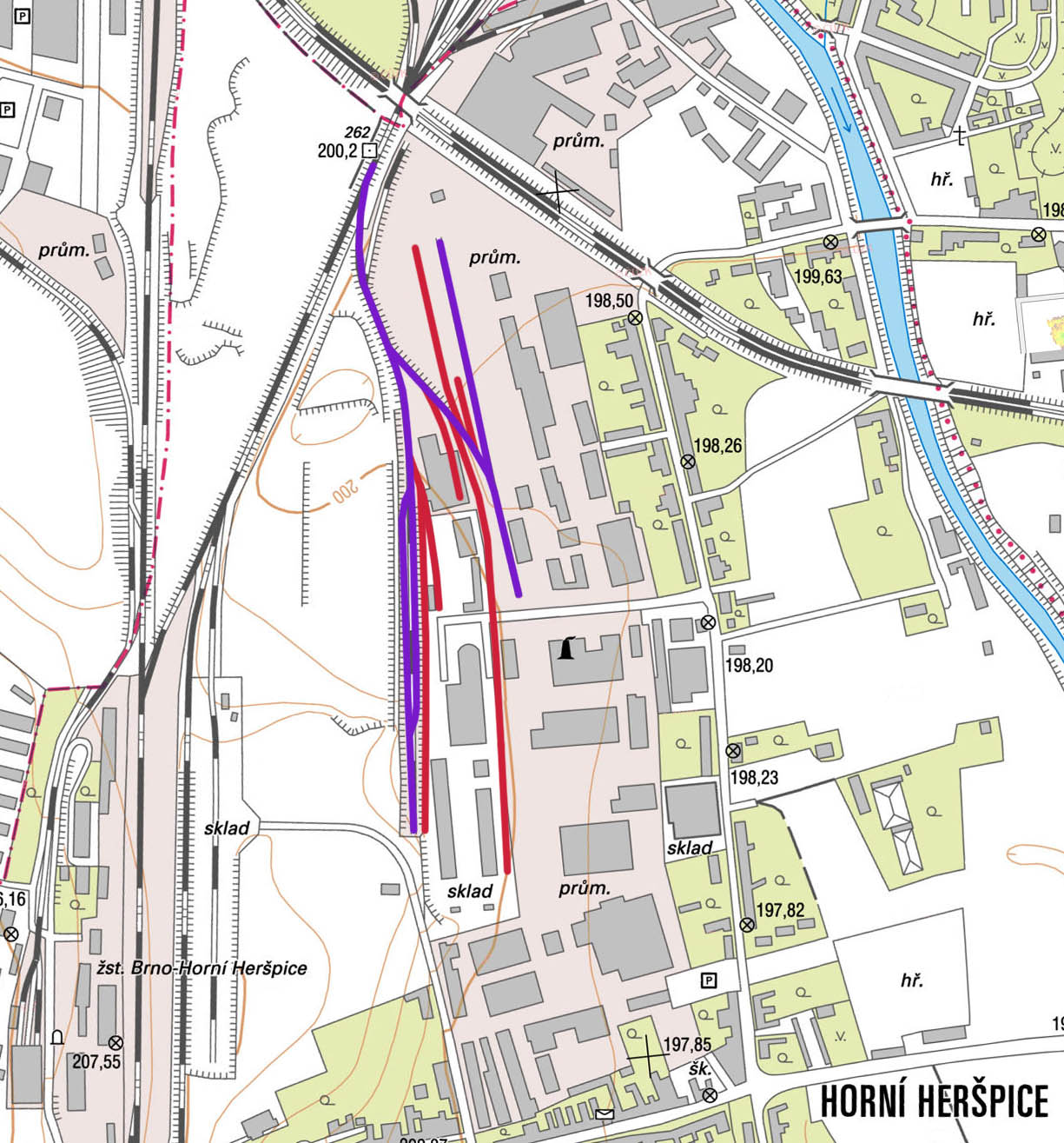 Mapa systému vleček podél Kšírovy ulice v Horních Heršpicích (v roce 2018 vlečka SD Kovošrot, s.r.o.). Fialově jsou vyznačeny koleje provozní v roce 2018, červeně identifikované starší koleje. Mapa systému vleček podél Kšírovy ulice v Horních Heršpicích (v roce 2018 vlečka SD Kovošrot, s.r.o.). Fialově jsou vyznačeny koleje provozní v roce 2018, červeně identifikované starší koleje.