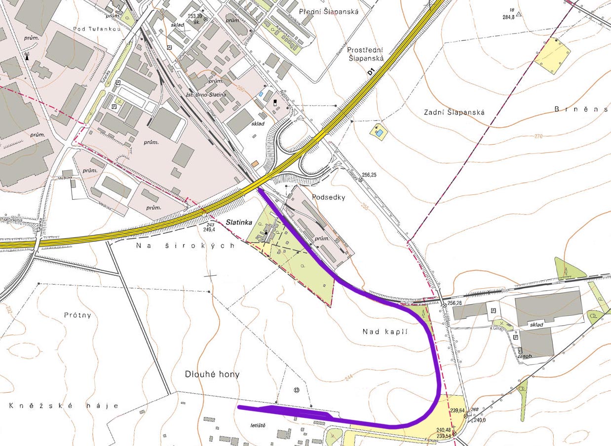 Vlečka vchází z jihovýchodního zhlaví stanice Brno-Slatina, cca 700 m vede podle trati Brno-Veselí nad Moravou a poté se stáčí slouhým pravotočivým obloukem k západu, kde končí v areálu letiště. Vlečka vchází z jihovýchodního zhlaví stanice Brno-Slatina, cca 700 m vede podle trati Brno-Veselí nad Moravou a poté se stáčí slouhým pravotočivým obloukem k západu, kde končí v areálu letiště.